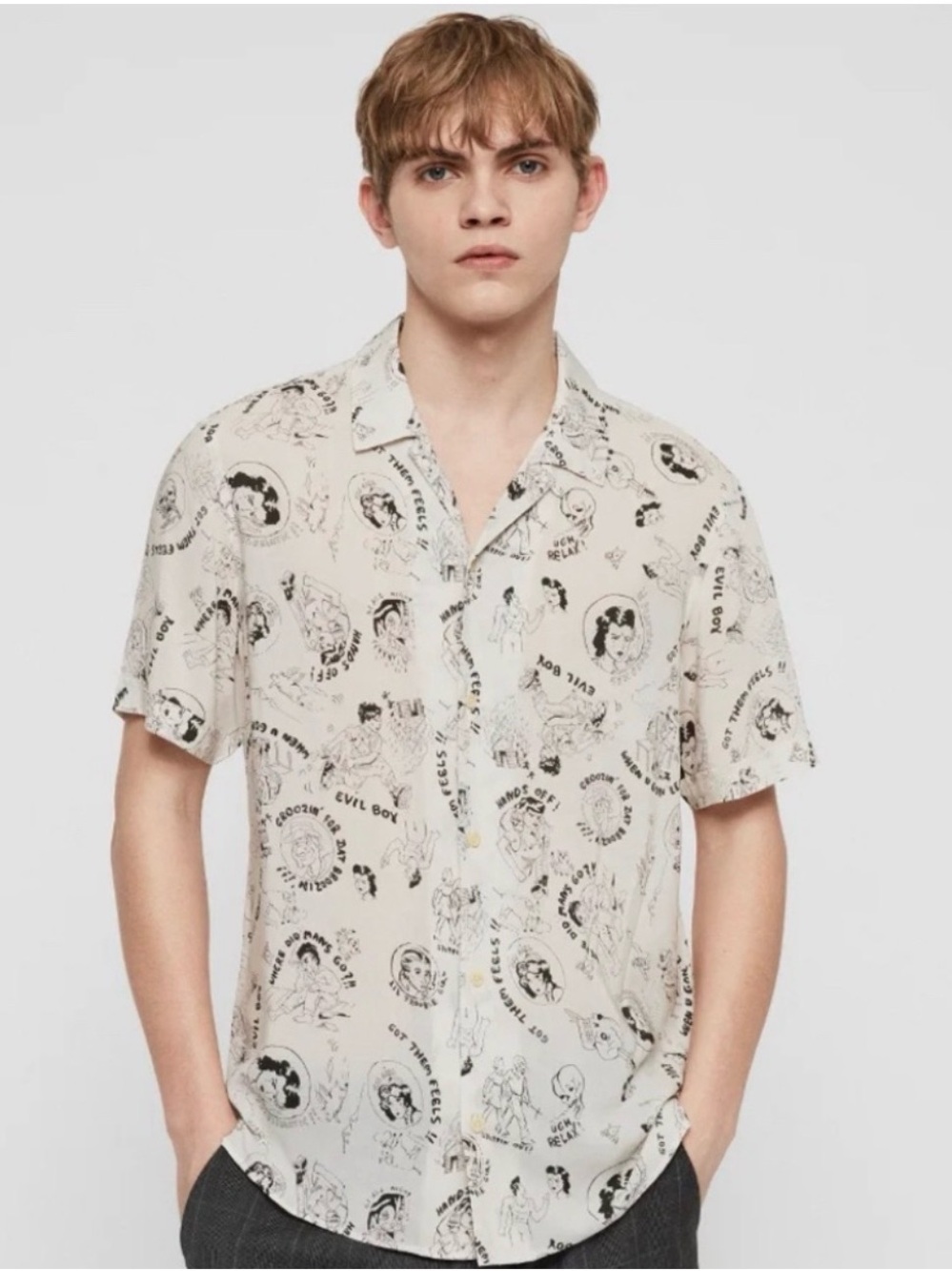 All Saints Cream Short-Sleeve Button-Down Shirt with Black Graphic Print